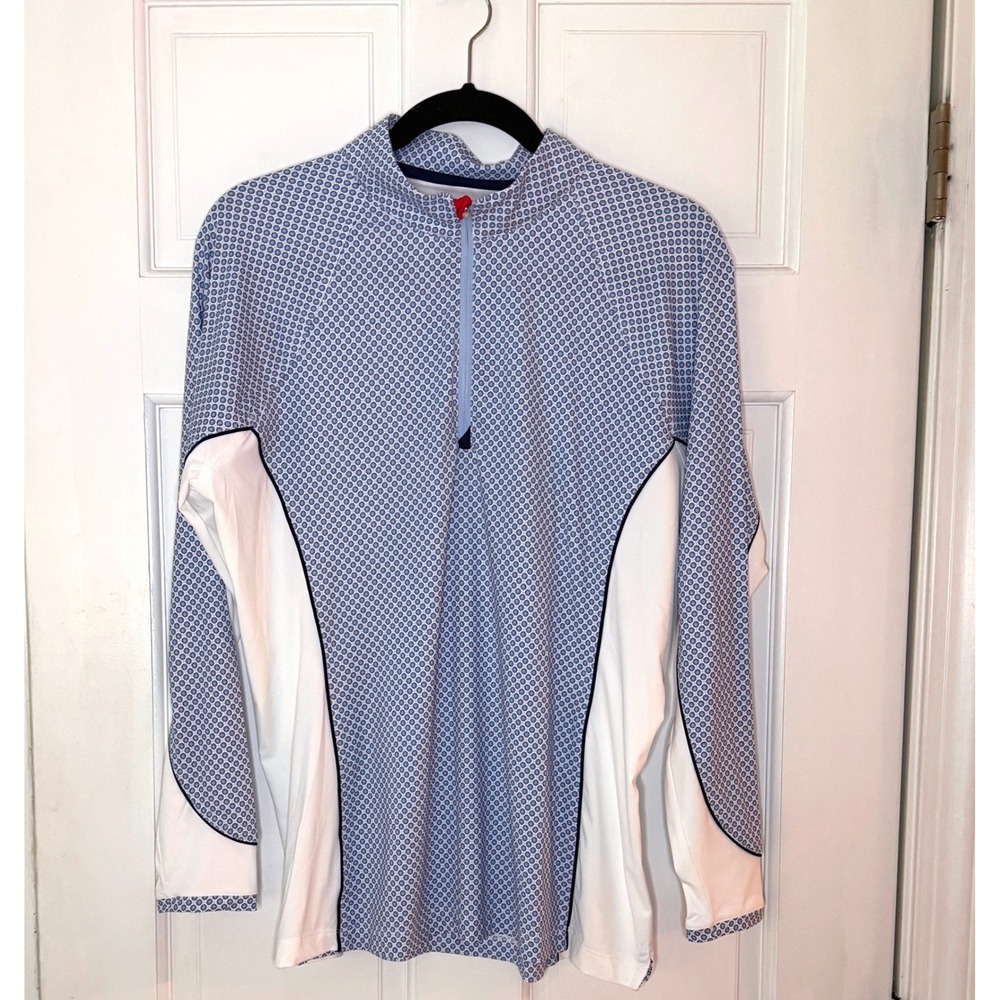 Peter Millar Womens L Blue Geometric Quarter Zip Golf Pullover UPF 50 Stretch